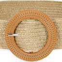 SANSTHS Womens Wide Elastic Belt, Boho Straw Braided Belt for Dresses Jeans Coats with Square Buckle (M:Fit waist size below 33 inch, Khaki(round Buckle))
