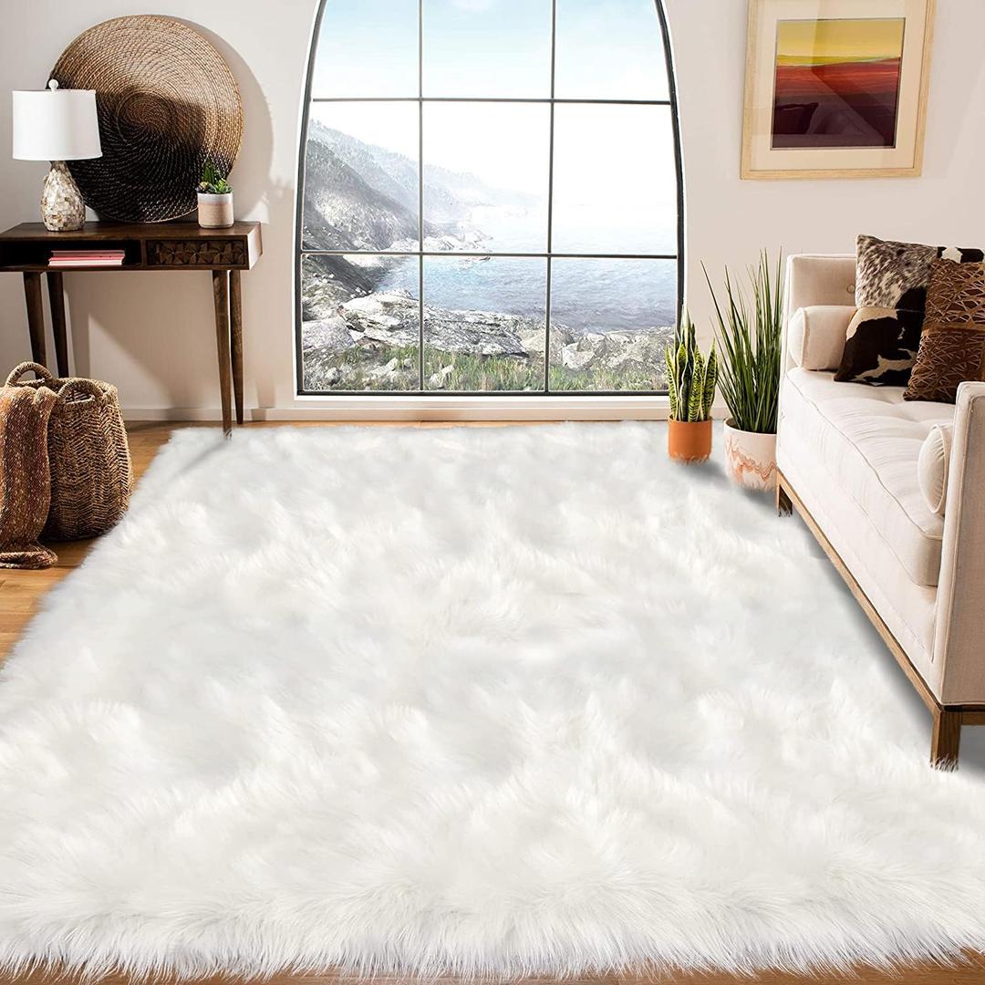 Latepis White Faux Fur Sheepskin Rug 4x6 for Living Room, Fuzzy Rugs Fluffy Washable Rug for Bedroom, Playroom, Luxury Room Decor, Rectangle