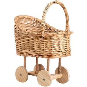 Wicker Stroller Flower Basket,Woven Rattan Pushcart Planter Basket for Wedding Baby Shower Centerpiece Candy Storage Home Decor (Small)