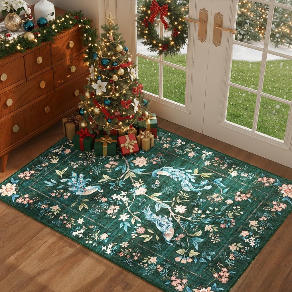 GarveeHome Small Dark Green Entryway Rug, 2x3 Washable Front Door Rug Indoor Entrance Floral Peacock Carpet Non-Slip Low Pile Throw Rugs for Kitchen Floor, Powder Room, Entry, Bathroom, Kids Room