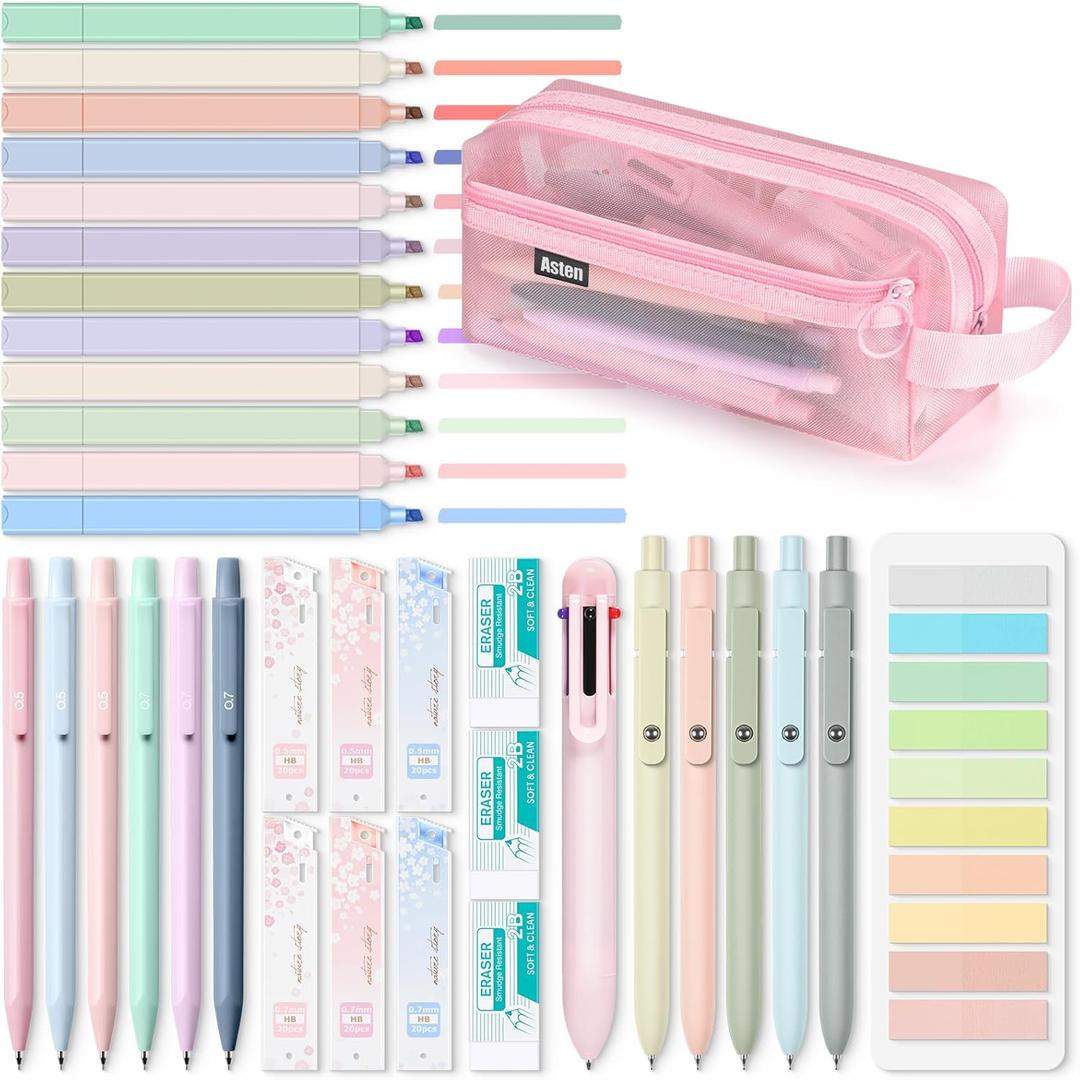 Asten 35 Pcs Aesthetic School Supplies, Clear Pencil Case with Pastel Pens and Highlighter, Mechanical Pencil 0.5 & 0.7 mm, 6-in-1 Multicolor Pen, Book Annotation Kit, College School Supplies for Girl