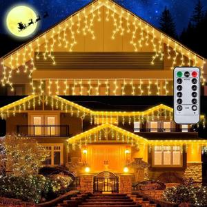 Outdoor Icicle Lights,9.8FT Christmas String Lights with Remote Timer, Battery Powered Hanging Window Wall Dripping Ice Light for Outside, Waterproof for House Garden Yard Xmas Decor(Warm White)