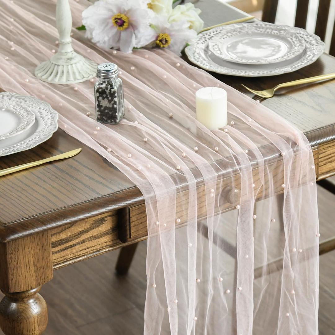 Artoid Mode Pearl Pink Gauze Table Runner 120 Inch 10FT, Seasonal Sheer Dining Holiday Wedding Birthday Baby Shower Table Decor for Home Party (28" x 120")