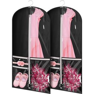 Kimbora Costume Dance Garment Bag with 3 Clear Zipper Pockets for Suits Dress Cover, Travel Storage & Competitions, Set of 2 (Black)