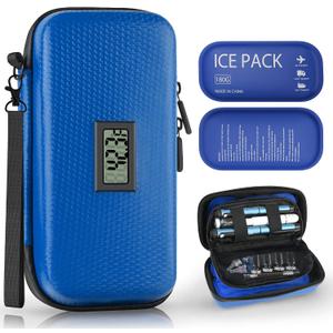 Insulin Cooler Travel Case TSA Approved, Portable Diabetic Medicine Cooling Bag with Digital Thermometer & 2 Ice Packs, Refrigerated Medication Organizer (Blue), 8.3 x 4.7 x 3.2 inches