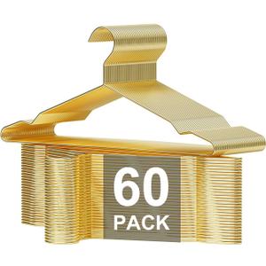 Metal Wire Clothes Hangers Bulk 60 Pack with Notches for Standard Size Coats, Shirts, Suits, Pants, Heavy Duty, Space-Saving, Gold
