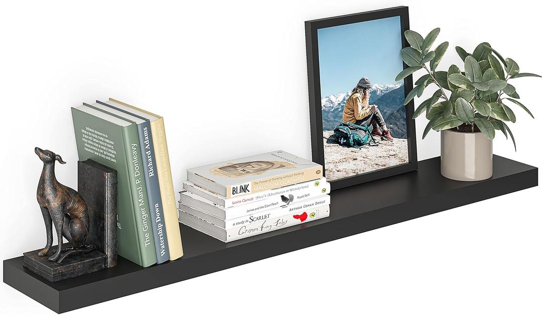 Ballucci Floating Shelf, 48" Wood Wall Shelf with Invisible Brackets for Bathroom, Living Room, Bedroom, Kitchen, Nursery, 8" Deep, Black (48" - 1 Piece)
