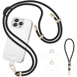 Cell Phone Lanyard Adjustable Crossbody Phone Lanyard *1 Phone Wrist Strap *1 with Deluxe Gold Matal Buckle + Clear Tether Tabs *2 for Shopping Travelling Hiking Black