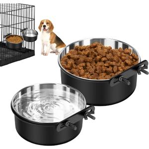 Dog Crate Water Bowl No Spill, 2 Pack Dog Crate Bowls Hanging, Kennel Water Food Bowls Mountable, Pet Cage Accessories Feeder Dish, Stainless Steel Coop Cup for Cat Puppy Bunny Guinea Pig Ferret Bird (M(6.3*2.6'' & 5.5*2.4''), Black)