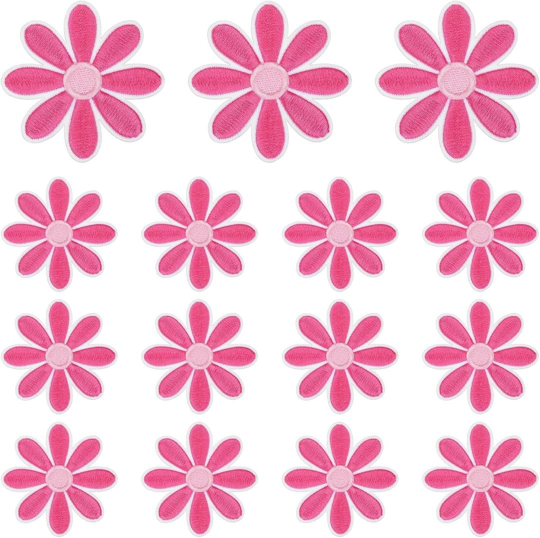 MECCANIXITY 15 Pcs Large 6.5cm Daisy Flower Iron-on Patches, Cute Sew Embroidery Applique Patches for Clothing Repair Backpack Shoes Decoration, Rose Red