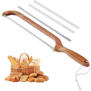 Sourdough Bread Knife, Bread Slicer for Homemade Bread - Sharp Stainless Steel Blade for Crumb-Free, Even, Intact Slices, Ergonomic Bow Design, Wooden Serrated Bread Cutter, 2 Blades & 2 Guards