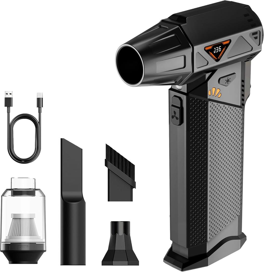 Compressed Air Duster, 2-in-1 Cordless Electric Air Duster & Mini Vacuum, High-Speed Brushless Motor, 8000mAh Rechargeable, Type-C, for Electronics, Keyboard, Car & Home Cleaning