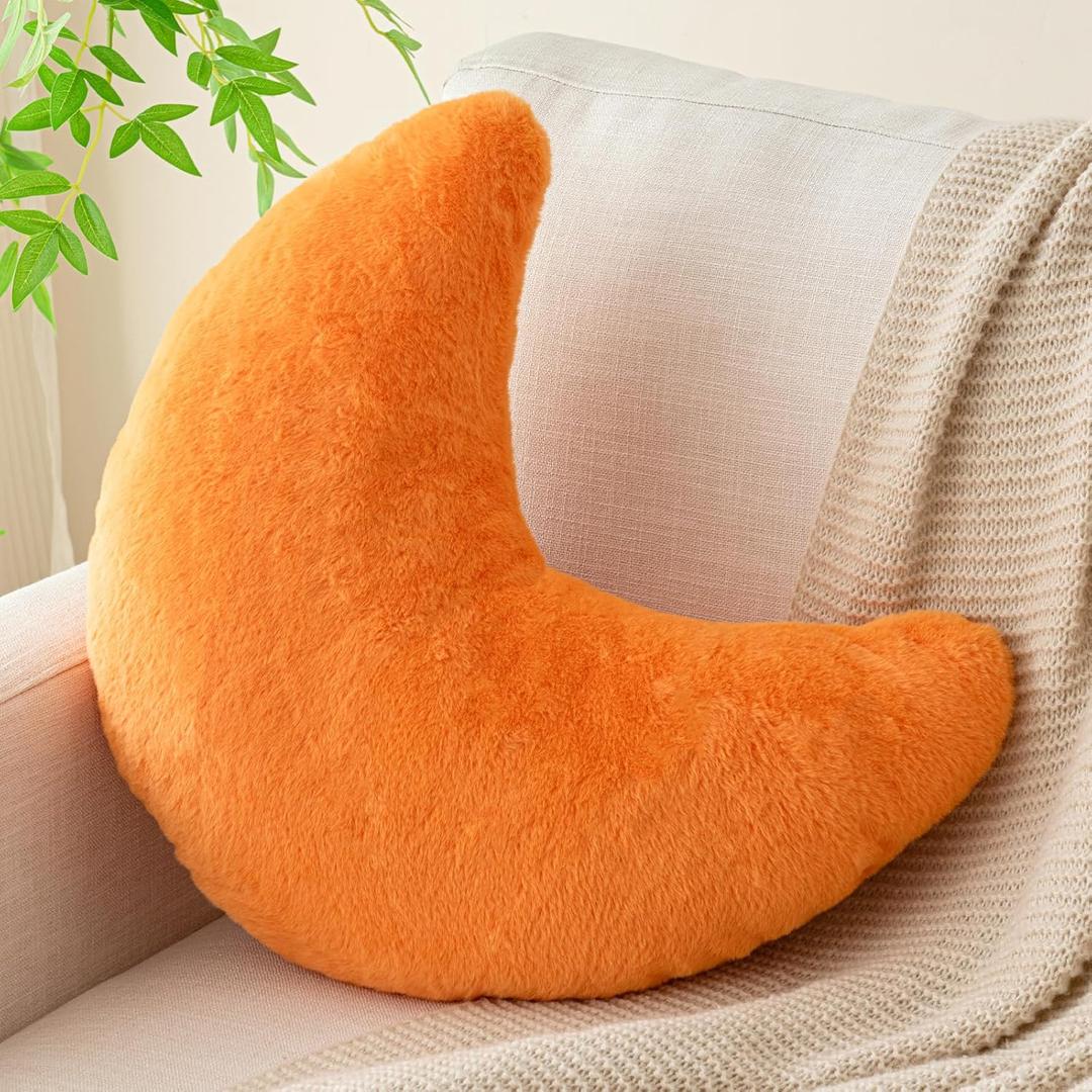 Moon Pillow, Decorative Throw Pillows with Soft Faux Rabbit for Bed Couch, Moon Shaped Pillows Plush Floor Cushions Room Decor Pillow for Sofa Bedroom Living Room (19.6 Inches, Orange)