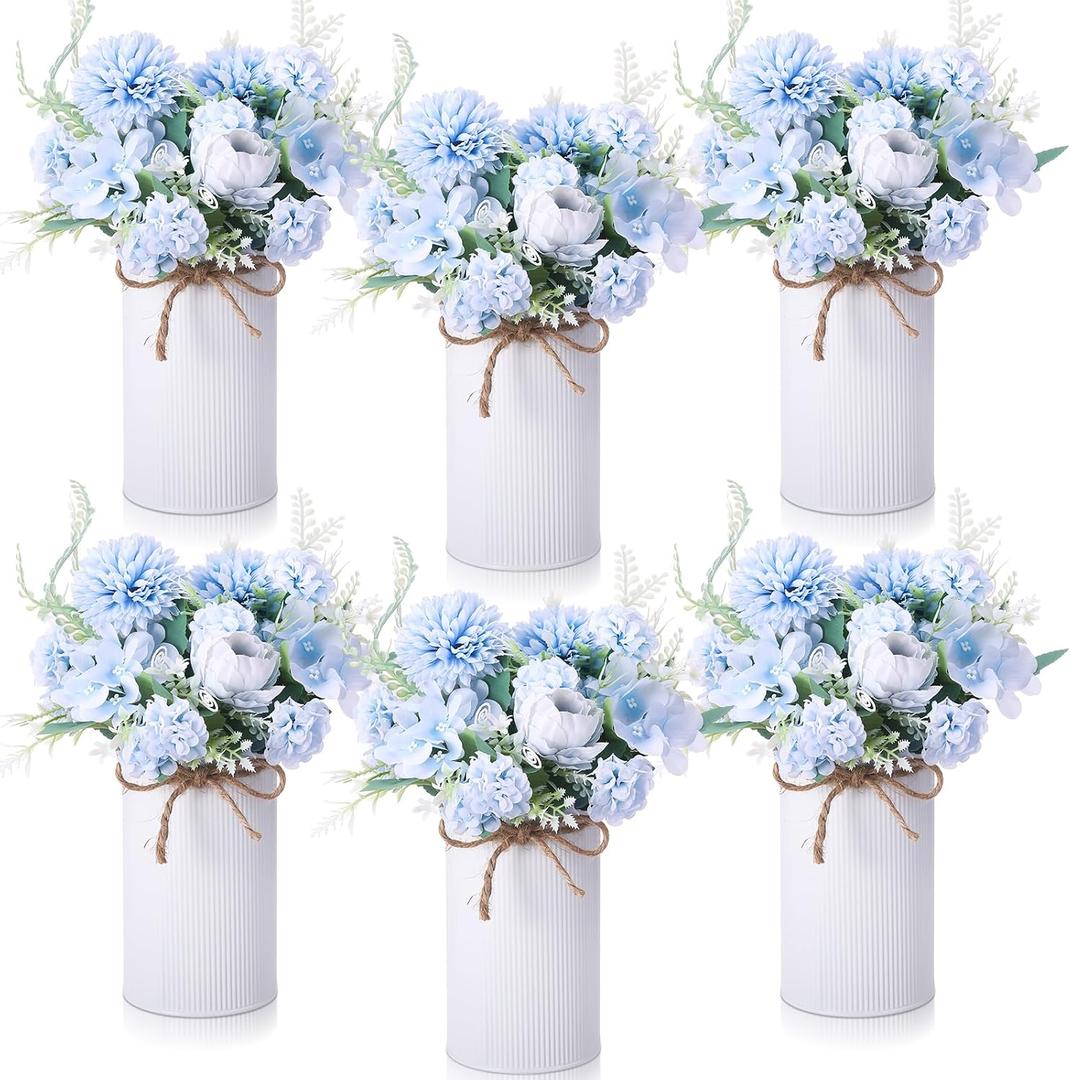 Domensi 6 Sets Wedding Centerpiece for Table Decoration Light Blue Artificial Fake Rose Flower with Metal Vase Faux Silk Rose Bouquet Floral Arrangement for Bridal Shower Home Dining
