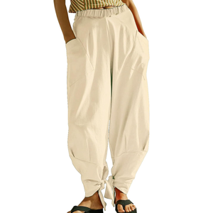 CHARTOU Women Tapered Wide Leg Lounge Pants Summer Harem Pants Elastic Waist Slacks Beach Baggy Pants Pockets, Color: Khaki, S