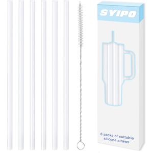 Replacement Silicone Straws for Stanley 40 oz Adventure Tumbler, 6 Pack Reusable Food Grade Silicone Straws with Cleaning Brush, Can be Cut Off  for Stanley Cup 40 oz Water Jug Accessories, 12" Long (Transparent)