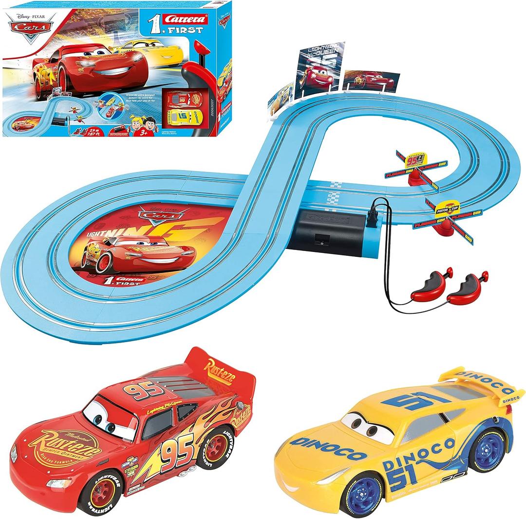 Carrera First Disney/Pixar Cars - Slot Car Race Track - Includes 2 Cars: Lightning McQueen and Dinoco Cruz - Battery-Powered Beginner Racing Set for Kids Ages 3 Years and Up, Medium
