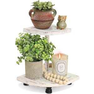 Tikea Decorative Wood Riser for Display, 2-Tier Farmhouse Corner Shelf for Kitchen Bathroom Counter Decor, Farmhouse Riser for Soap Dispenser, Decorations and Plant (White)