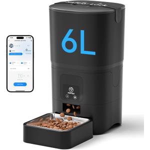 PAPIFEED Automatic Cat Feeder with App, 2.4G WiFi Cat Food Dispenser, 6L Timed Cat Feeder for Dry Food, 10 Meals/Day, 12 Portions/Meal, Dual Power Supply Smart Pet Feeder for Small Dog, Black