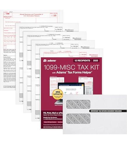 Adams 1099 MISC Forms 2025, 4-Part Kit for 12 Recipients, Includes Envelopes, QuickBooks Compatible, eFile Access and Printing Through Adams Tax Forms Helper Software (1017227)