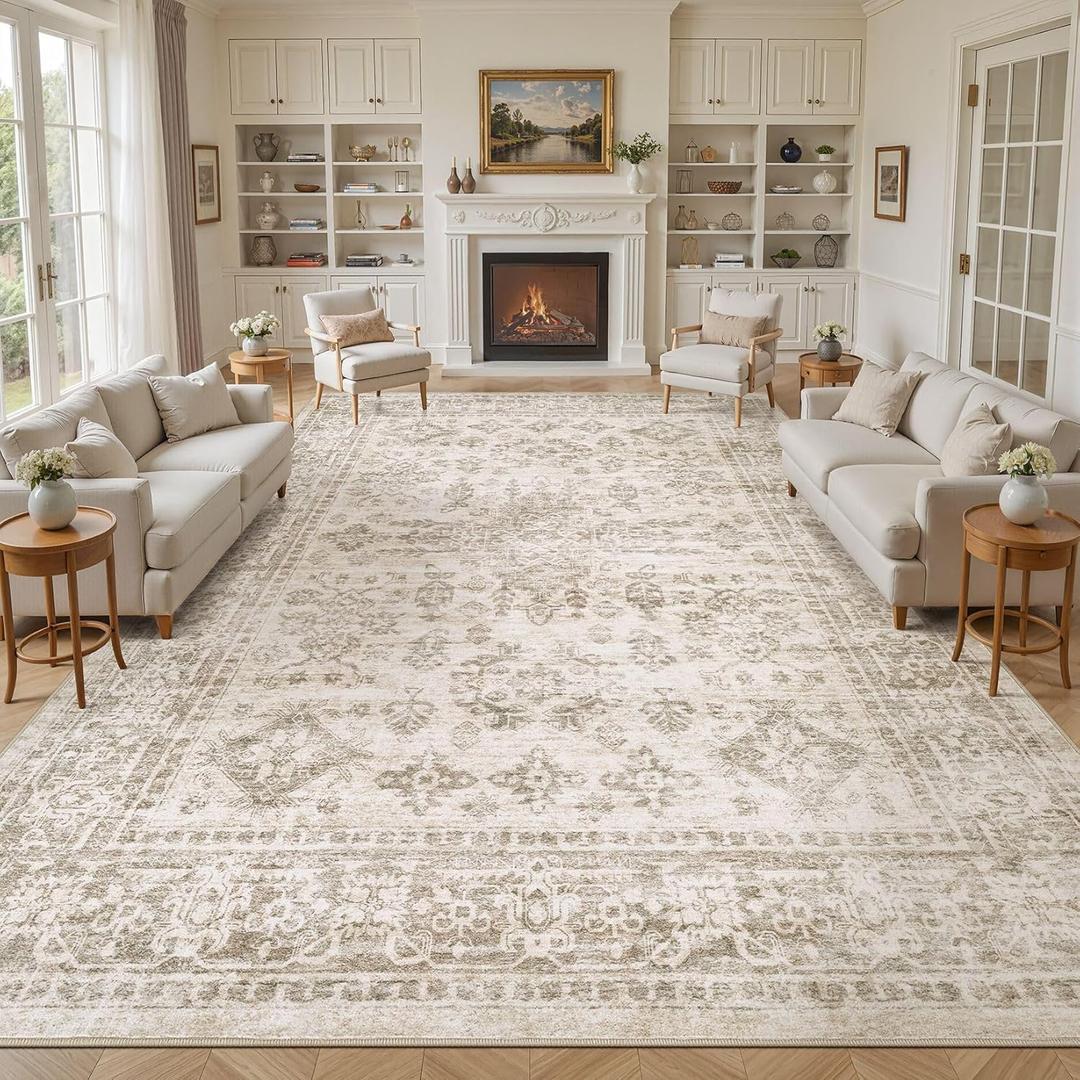 Area Rugs for Living Room: 12x15 Washable Rug Vintage Pattern Large Non-Slip Stain Resistant Soft Durable Floor Carpet for Bedroom, Dining Room, Home Office - Light Brown