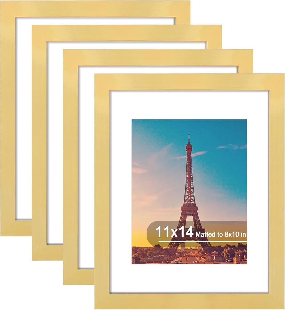4 x 11x14 Picture Frame Set of 4, High Definition Real Glass, Display Pictures 8x10 with Mat or 11x14 Without Mat, Gallery Wall Hanging Photo Frames, Gold