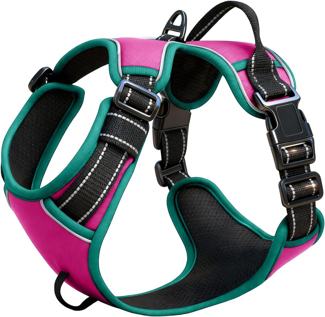 No Pull Dog Harness, No Chock Reflective Adjustable Soft Padded Pet Vest with Easy Control Handle, Easy Wearing with Stylish, Reinforced Knot, 2 Buckles (Small, Pink/Turquoise)
