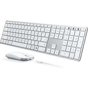 seenda Wireless Bluetooth Keyboard and Mouse Combo (USB + Dual BT), SKM64-3 Multi-Device Rechargeable Slim Keyboard and Mouse, Compatible for Win 7/8/10, MacBook Pro/Air, iPad, Tablet - White Silver