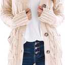 PRETTYGARDEN Long Sleeve Cable Knit Long Cardigan for Women 2026 Spring Winter Chunky Open Front Button Sweaters with Pockets (L)