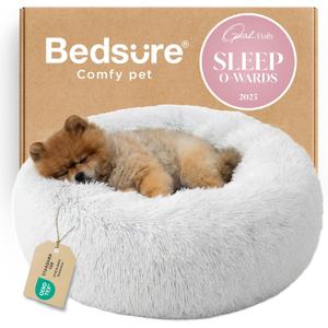 Bedsure Calming Dog Bed for Small Dogs - Donut Washable Small Pet Bed, 23 inches Anti-Slip Round Fluffy Plush Faux Fur Large Cat Bed, Fits up to 25 lbs Pets, Frost Grey