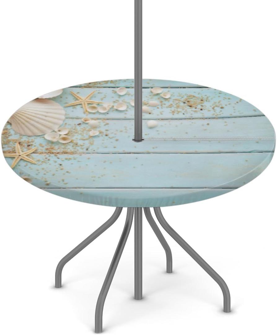 Wood Texture Round Outdoor Tablecloths with Umbrella Hole Beach Shell Circle Fitted Table Cloth with Elastic Zippered Tablecloth 36"-44" Waterproof Umbrella Table Cloth Round Table Cover for Patio