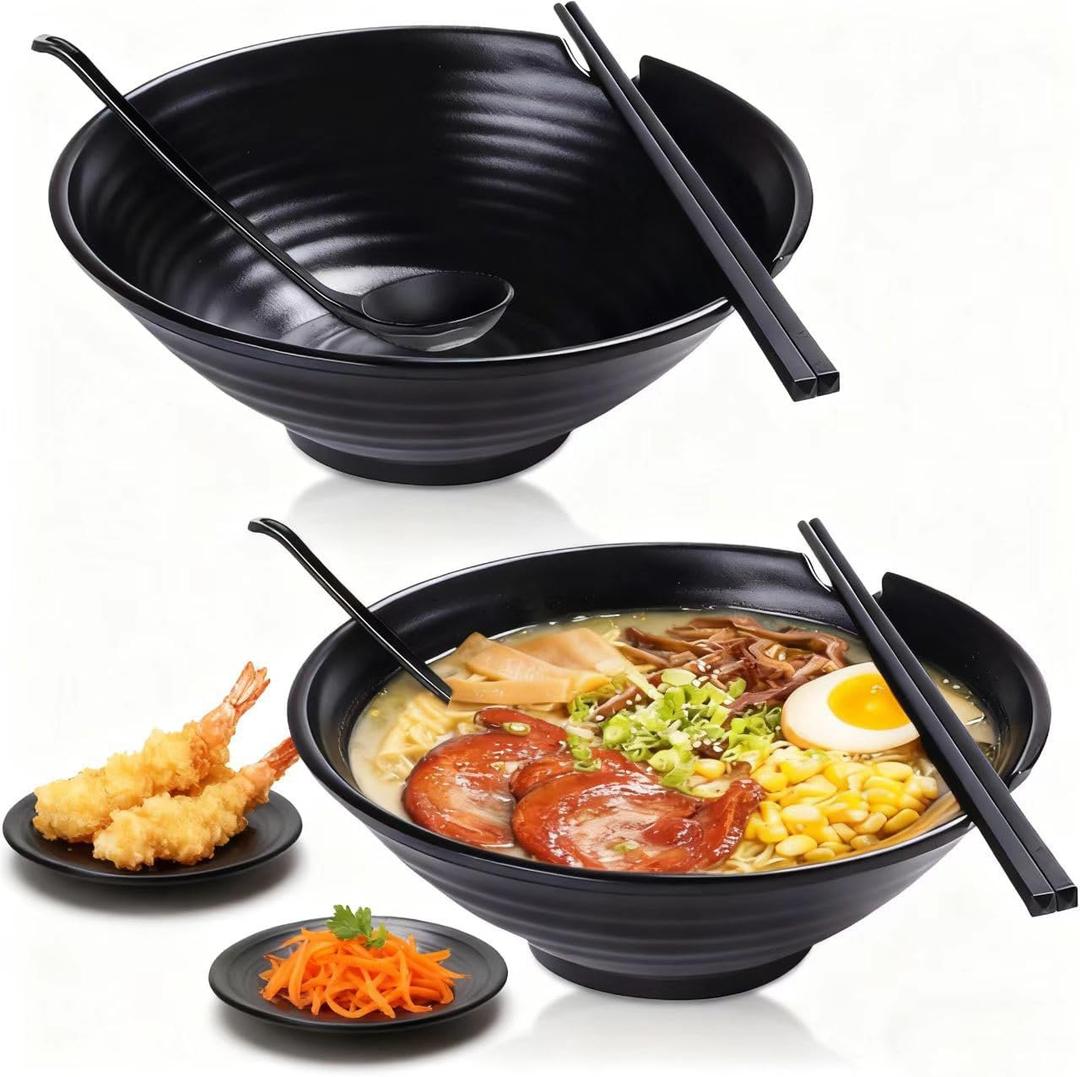 TEQKON (Set of 2) Unbreakable Japanese Style Ramen Bowl with Chopsticks Spoon & Dipping Bowl Saucers, Large Black Matte Melamine Bowls for Pho Thai Miso Udon Soup Noodles, Asian Food & Wonton