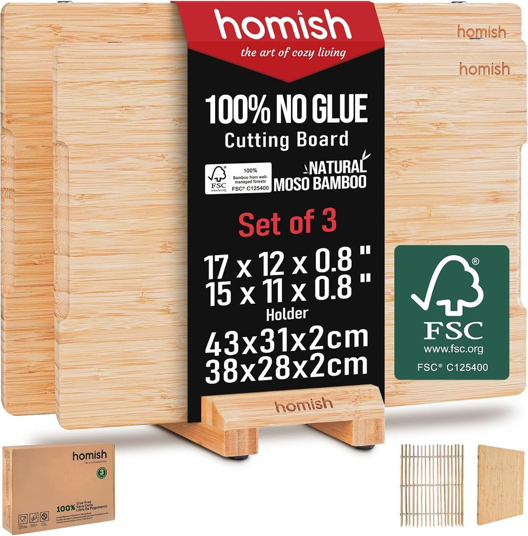 Bamboo Cutting Boards Set with Stand - 3 Piece Charcuterie Board with Handle, Truly Glue Free, Non Toxic Wood Chopping Serving Boards for Kitchen Gift Set - Dishwasher Safe [New 2026 Upgrade]
