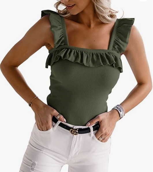 Womens Cute Sleeveless Tank Tops Ruffle Strap Square Neck Blouse Solid Color Knitted Camisole (Small, Army Green)