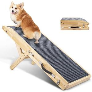 Wooden Dog Ramp for Couch High Bed, Non Slip Pet Ramps for Small Dogs and Cat with 5 Adjustable Height from 10.6'' to 22'', Portable 36.3'' Long Foldable Ramp for Dogs to Get on Bed Car, Natural