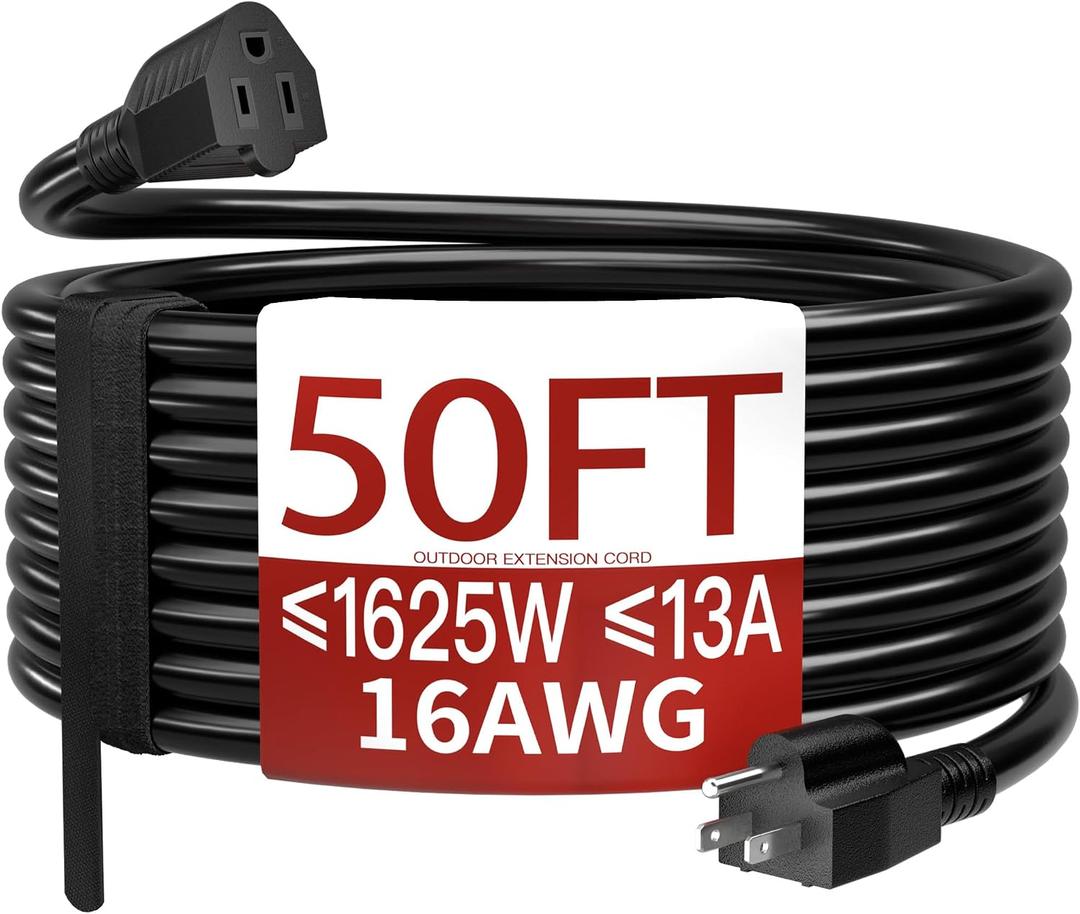 Skrizcable 16/3 50 FT Outdoor Extension Cord Waterproof, Weatherproof & Flame Retardant Black 3 Prong Power Cord Outside for Lawn & Garden, 13 Amps 1625 Watts 125 VAC 16AWG SJTW, ETL Listed