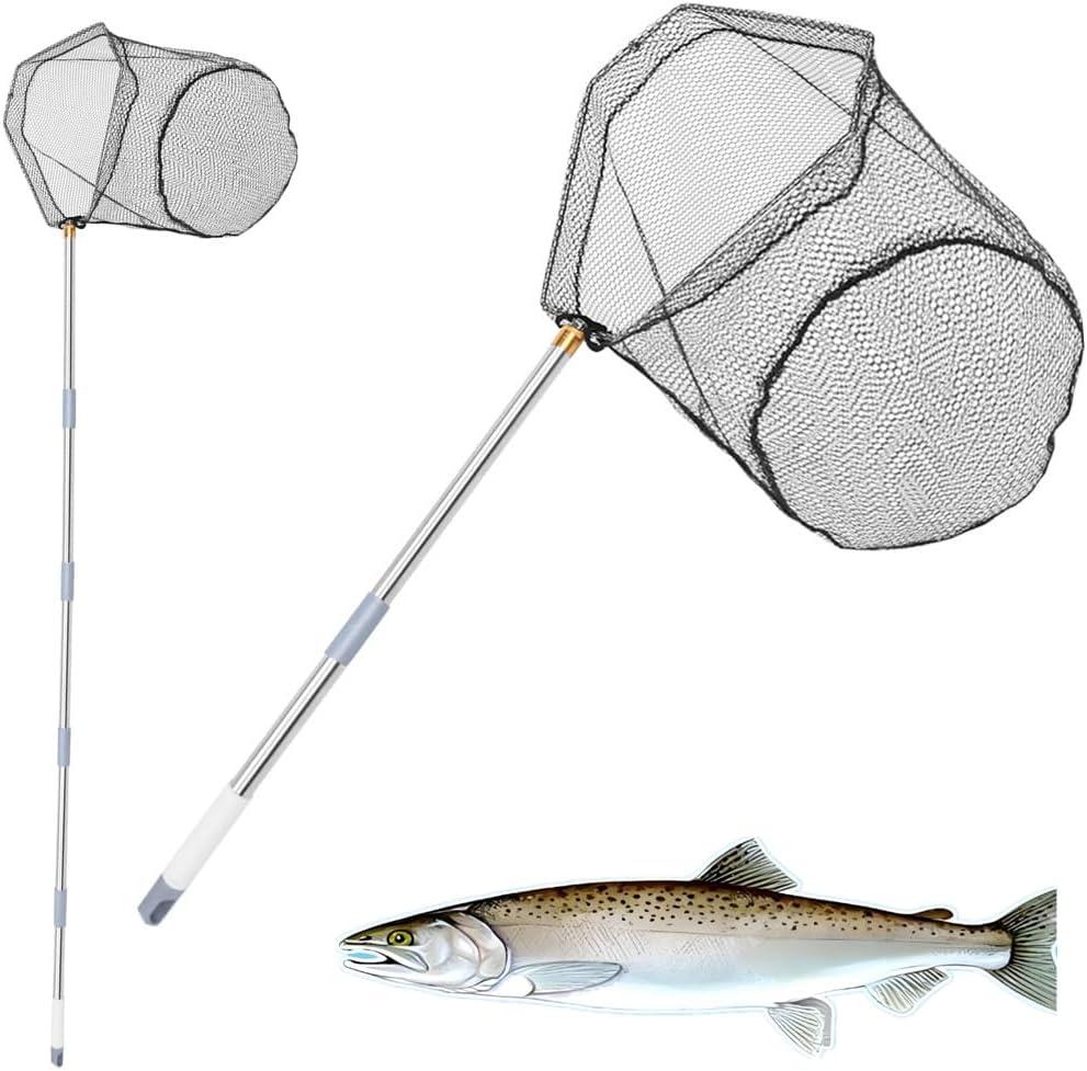 Fishing Net with Handle, 40-84Inch Extension Rod - Adjustable Stainless Steel Handle Foldable Landing Net for Steelhead, Salmon, Bass & More, Ideal for Kayak/Fly Fishing, Fishing Gear Gifts for Men
