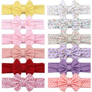 Cinaci 12 Pieces Soft Stretchy Solid Striped Floral Print Baby Girl Bow Headbands Hair Bows Bands Headwraps Accessories for Baby Girls Infants Toddlers