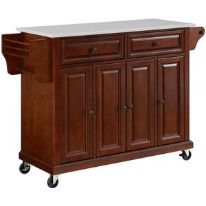 Crosley Furniture Full Size Stone Top Rolling Kitchen Island Storage Cart, Microwave Stand, Spice Rack, Mahogany
