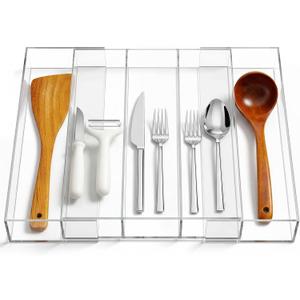 Teenyyou 1 Pack Expandable Kitchen Drawer Organizer Clear Acrylic Utensil Organizer Adjustable Acrylic Silverware Storage for Drawers Silverware Flatware Knives (12 x 16 Inches,3-5 Compartments)