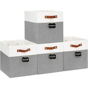 13x13 Storage Cubes 4-Pack, Large Foldable Fabric Cube Storage Bin with Reinforced Bottom and Labels, Organizer Baskets for Shelves, Closets(White/Gray)