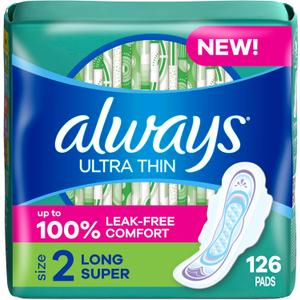 Always Ultra Thin Feminine Pads with Wings for Women, Super Absorbency, Unscented, Size 2, 126 Count (Super (Size 2))