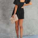 AlvaQ Womens Summer Cute Puff Sleeve Elastic Square Neck Mini Short Romper with Pockets (Small)