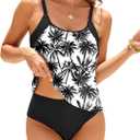 ZAFUL Two Piece Tankini Swimsuit for Women High Waisted Tummy Control Bathing Suit Double Up Tankini Set (Large, Palm Tree)
