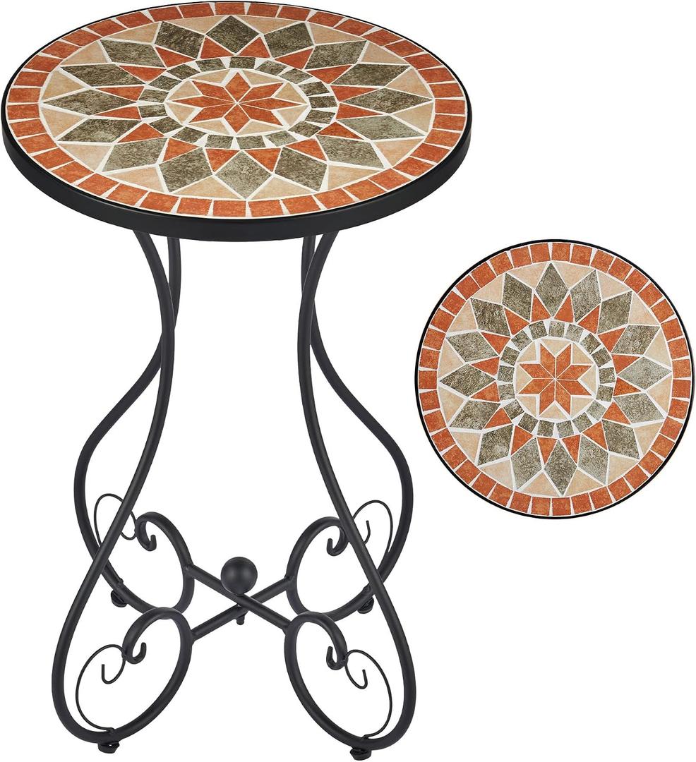 VONLUCE Outdoor Side Table and Mosaic Plant Stand, 21" Round End Table with 14" Ceramic Tile Top for Patio Porch Decor, Indoor and Outdoor Accent Table, Small Coffee Table for Home Garden, Quilt Star