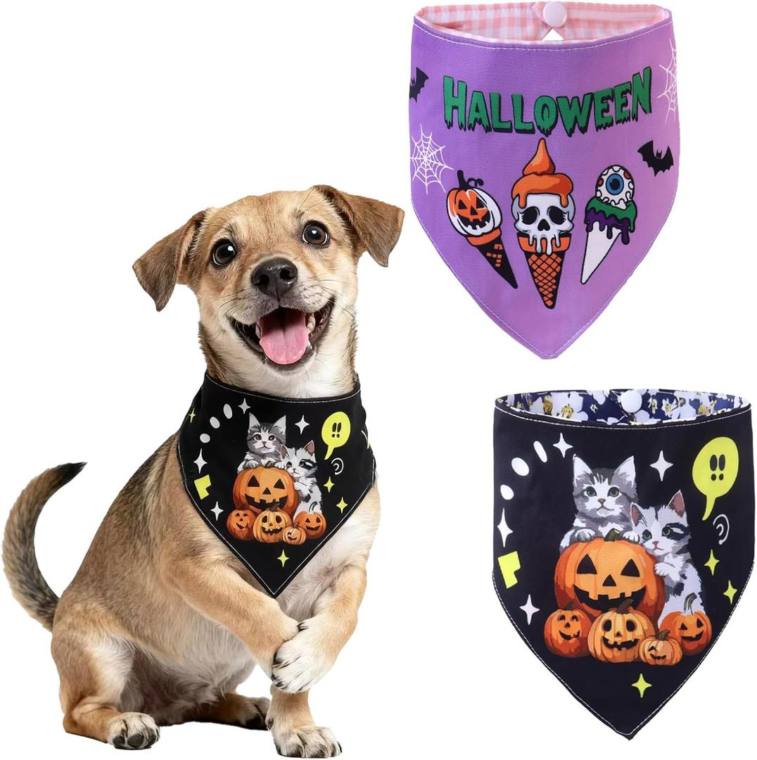 Halloween Dog Bandanas 2-Pack, Reversible Pet Costume Set with Pumpkin Scarf Bibs, Multi-Theme Patterns for Dogs, Cats, Puppies - Halloween Party Cosplay (Small)