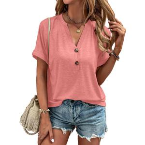 Dimur Womens Tops Trendy V Neck Button Down Short Sleeve Tshirts Business Casual Basic Tee Loose Fit (Small, Coralpink)