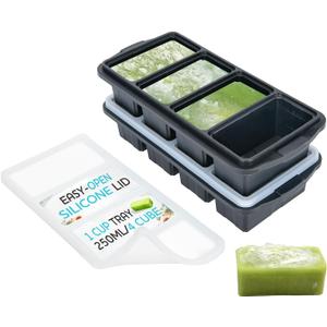 XOMOO Silicone Freezer Tray With Lid - Soup Freezer Container molds - Large Ice Cube Tray- makes 8 perfect 1 cup portions cubes, 2-Pack Freezer Storage Food Soups & Meal Prep - Oven & Dishwasher -Safe (Gray)