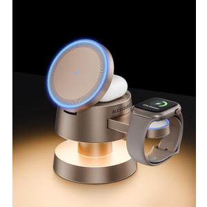 4-in-1 Magnetic Wireless Charging Station for iPhone 17/16/15/14 Pro Max, with Night Light Wireless Charging Station Fast Charging for Apple Watch, Earphones & Multiple Devices (Without Power Adapter, Gold)