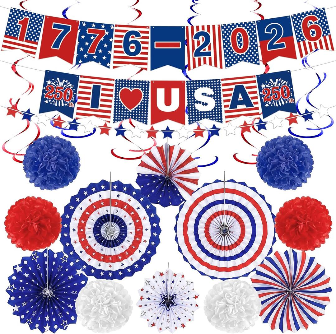 3 x 4th of July Decorations Set – USA 250th Anniversary Patriotic Red White Blue Paper Fans, Banner, Pom Poms & Hanging Swirls for Independence Day